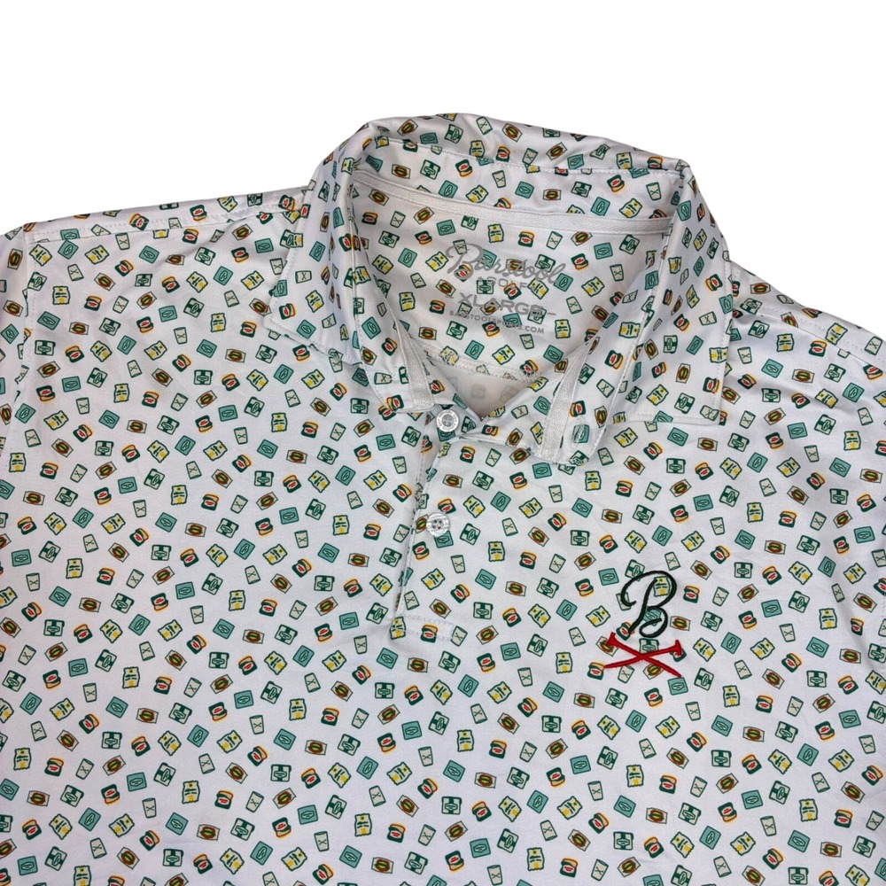 Barstool Golf Polo Shirt Mens XL White Novelty Snack Print‎ Performance Stretch